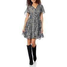 Guess Felicia Flare Dress Leo Golden Touch Leopard Print Metallic V-Neck Size M