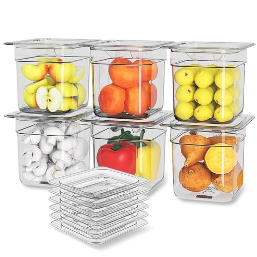 6 Pack Plastic Food Pan with Lid 1/6 Size 6 Inch Deep Restaurant Clear Food S... - Picture 1 of 7