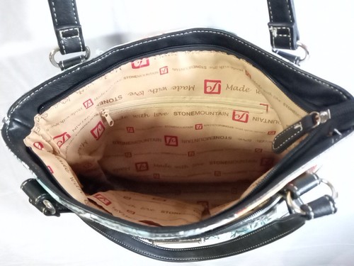 Borsa a tracolla Stone Mountain USA, stampa floreale/bordo nero, doppie cinghie, zip... - Foto 6 di 13