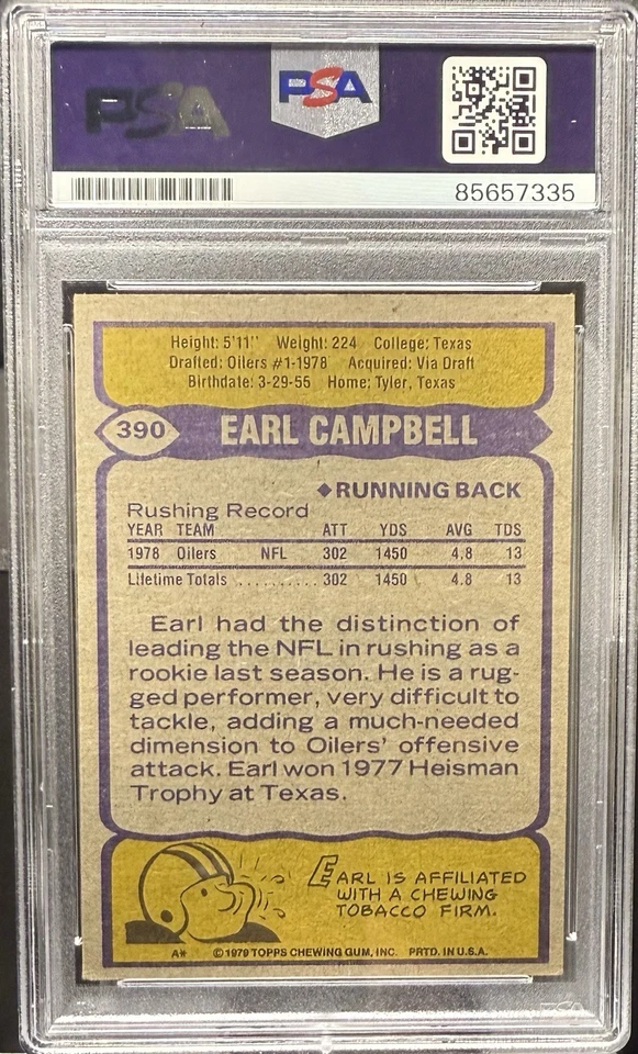 Earl Campbell Signed 1979 Topps Rookie Card #390 PSA/DNA 83831739 On-card Auto - Image 2 of 3