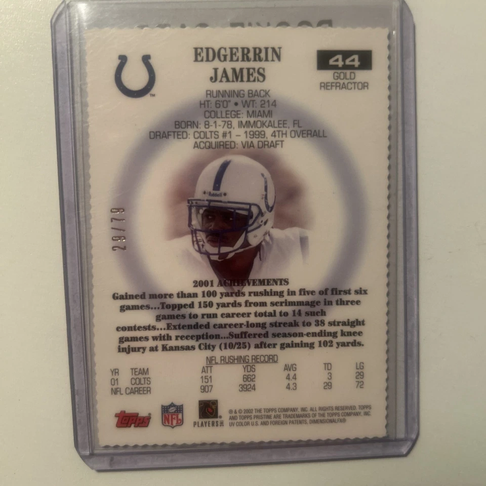 Topps Pristine 2002 - Edgerrin James #44 refractor troquelado dorado/79 Foto 2 de 2
