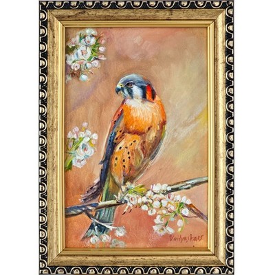 Original Oil Painting Kestrel Falcon Bird on Blossom Branch 4x6 Framed