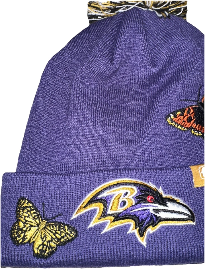 Baltimore Ravens Felt New Era Beanie Knit Pom Winter NFL TEAMS Hat Butterfly - Image 3 of 4