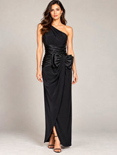 Vicky Tiel Black One Shoulder Ruched Bow Satin Maxi Gown Dress 12