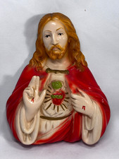 Vintage 1950's Jesus Sacred Heart Hand Painted Chalkware Wall Plaque 9.5" x 7"