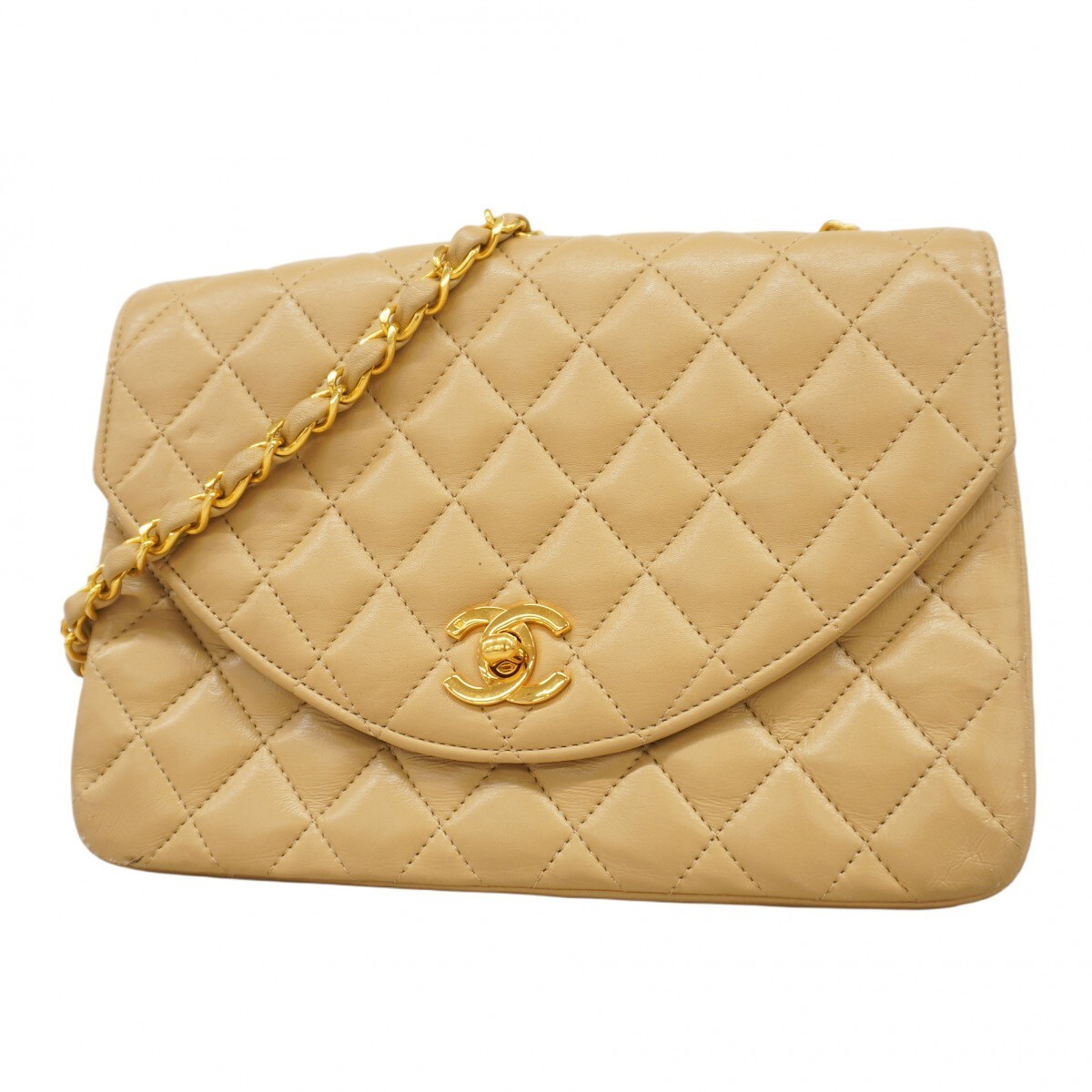 CHANEL Matelassé Lambskin Chain Shoulder Bag Beige Gold