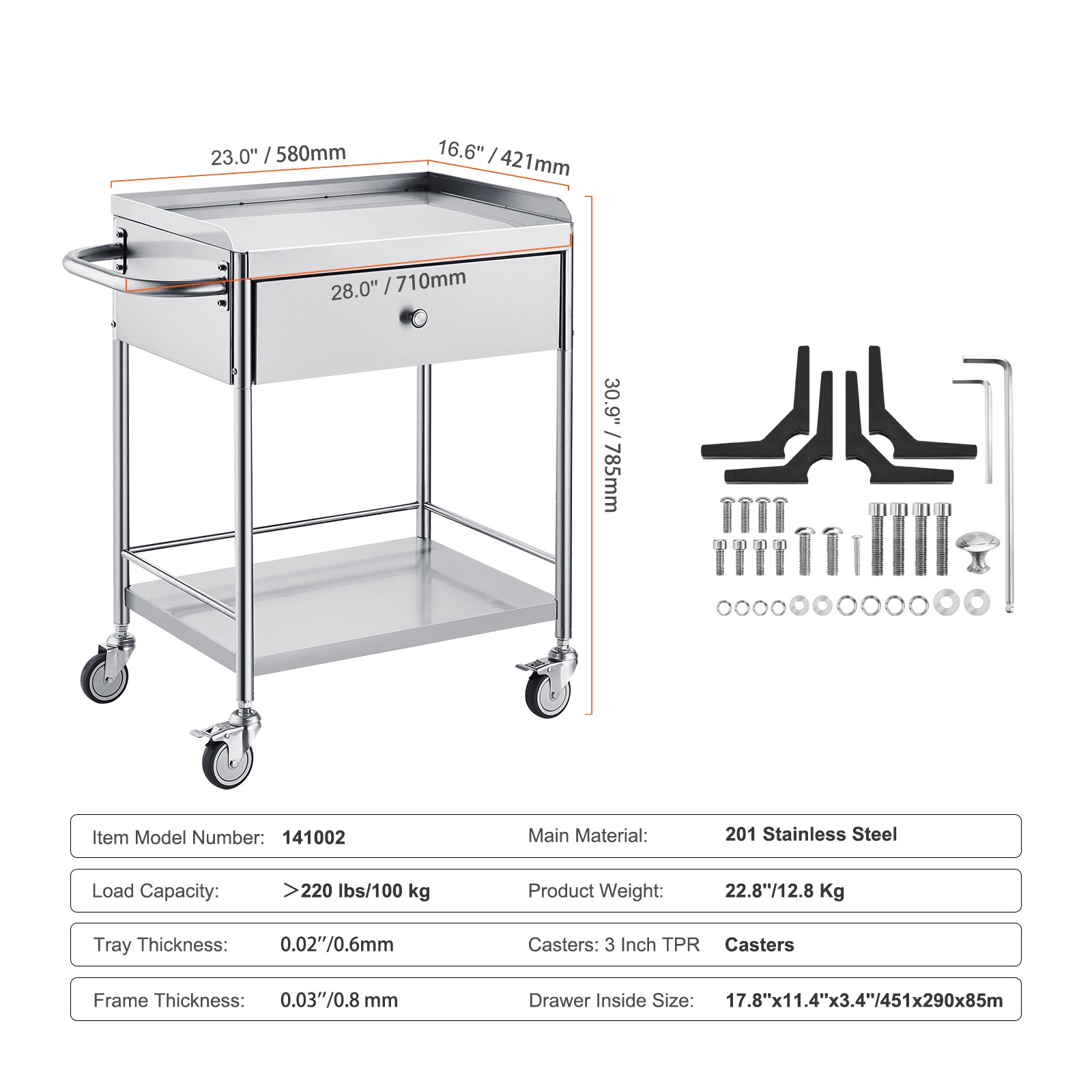Uimoso 2-Tier Stainless Steel Cart Mobile Lab Utility Cart with A Drawer 220 lbs