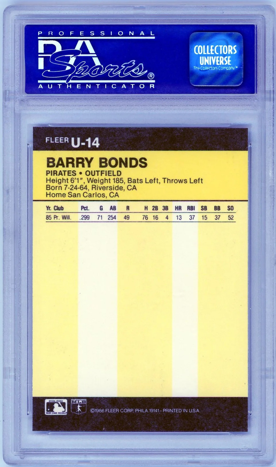Barry Bonds - 1986 Fleer Update PSA 9 view 2