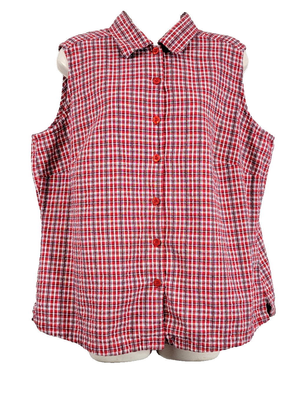 Vtg Erika Sleeveless Red Plaid Button-Up Women 1X Collared Shirt Vest Cotton