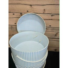Vintage Style Round Nesting Hat Boxes Light Blue Stripes Polka Dots Set of 2
