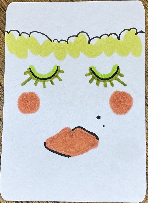 ACEO Handmade Cartoon Woman Face Drawing Original Illustration Art Green Orange
