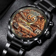 Personalized Vintage Route 66 Muscle Car Black Stainless Steel Watch