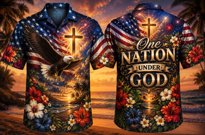One Nation Under God Hawaiian Shirt   Eagle Cross Floral USA Shirt