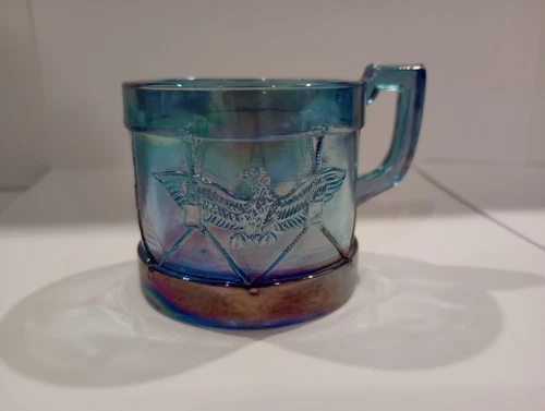 Vintage Blue Carnival Glass Eagle Drum Child's Mug Cup