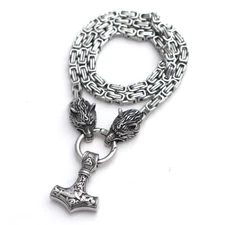 6mm Silver Stainless Steel Wolf Head Thor's Hammer Pendant Byzantine Necklaces