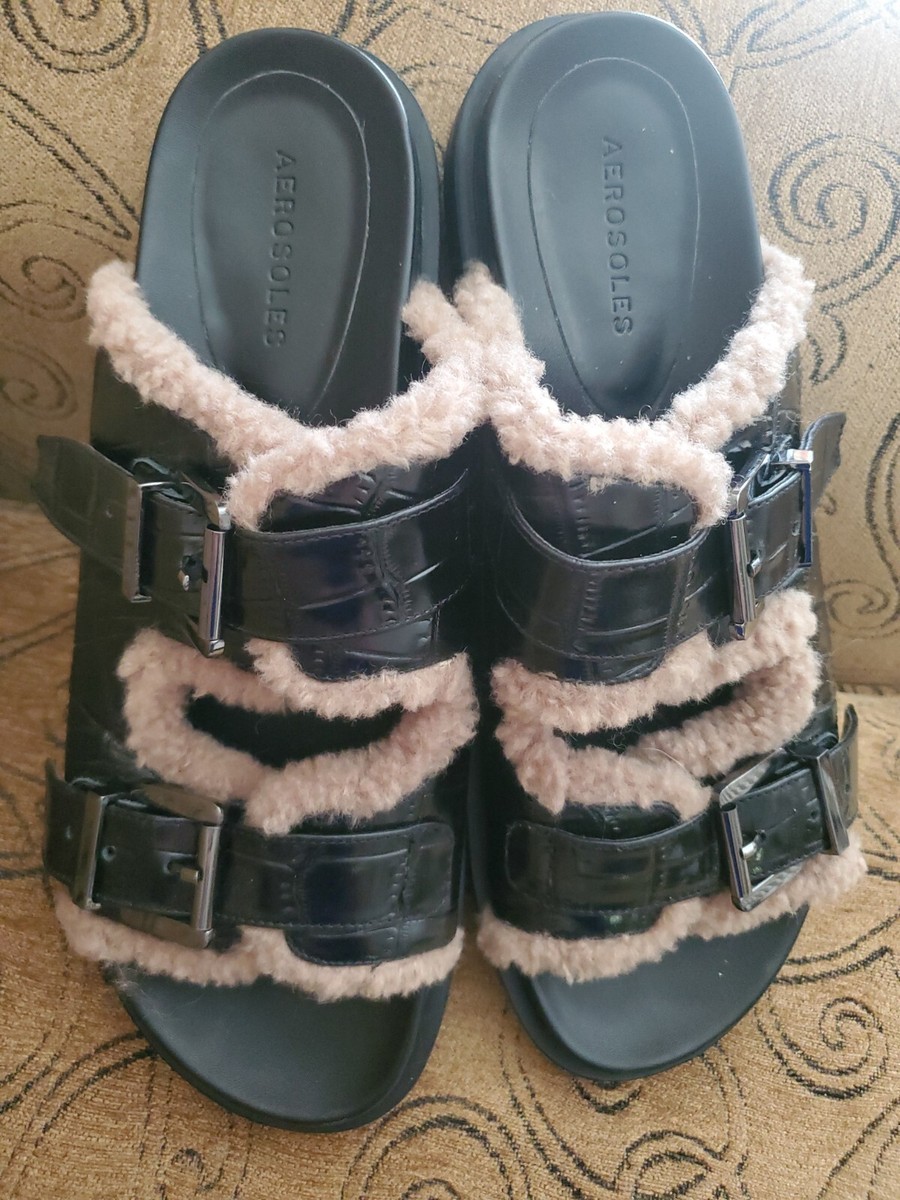 Aerosoles Women's 10 Sandals Black Brown Olivia Faux Fur Trim