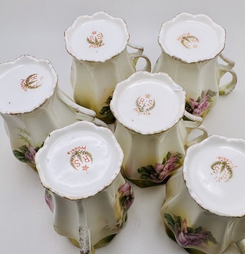 ANTIQUE SET OF 6 RS PRUSSIA ROSE FLORAL COCOA CHOCOLATE CUPS - Picture 5 of 6