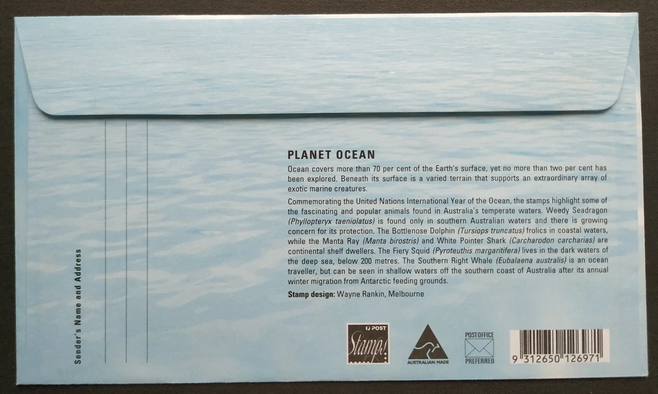 1998 Australia Planet Ocean Fish Dolphin Shark Whale Sea-dragon Squid FDC (pair) - Image 4 of 4