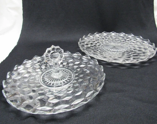 Fostoria American 14" Platter and Tidbit Tray Clear Vintage Elegant Cube Pattern