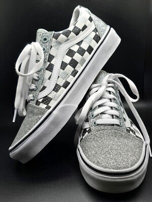 M W Vans Old Skool Glitter Checkerboard Silver Black White