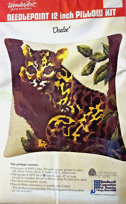 Vintage Wonder Art WOOL Needlepoint Kit 12'' Pillow WILD CAT Ocelot  6604 Sealed