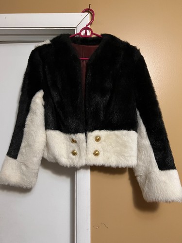 VTG Women Black White Faux Fur Cropped Jacket Size Medium - Picture 2 of 3