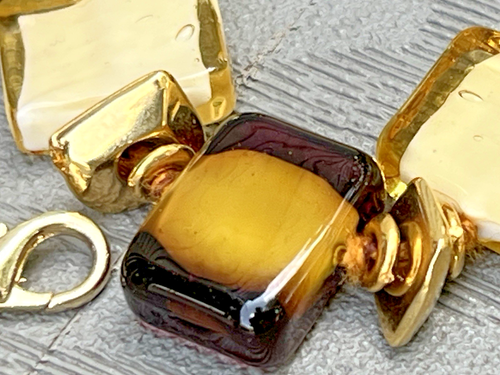 Perini Italy Murano Venetian Glass Square Ivory/Brown Gold Bead Necklace - Picture 4 of 13
