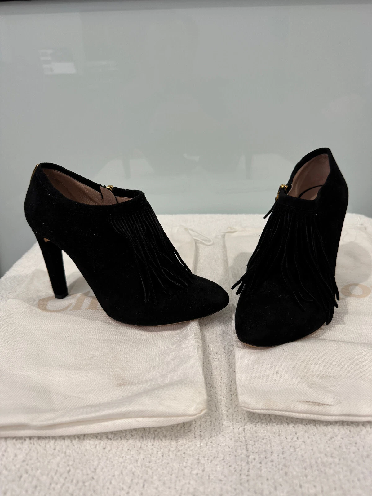 Chloe — CHLOE Boots Suede Fringe Booties Shoes Heels Black Sz 37 New!