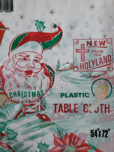 3 VTG Plastic Christmas TableCloths Cover Horse Sleigh Bells Poinsettia Holiday - Picture 7 of 9