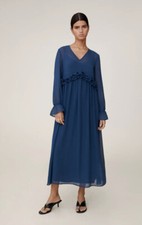 Mango Romantic Ruffled Long Sleeve Maxi Dress Blue Size 8 Lined Wedding Balloon
