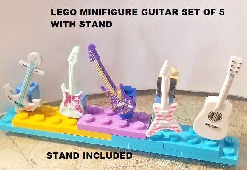 LEGO Acoustic Electric Guitar Set of 5 w/ Stand Minfigure Rock n