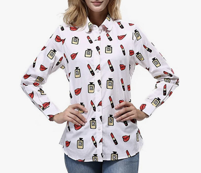 Dioufond Women's White Cotton Button Down Lips Lipstick Print