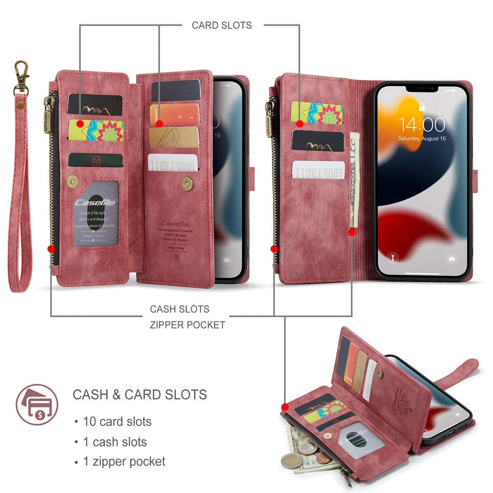 Zip Wallet Case for iPhone 17/16/15 Pro Max Plus Leather Flip Purse Cards Cover - Image 3 of 4