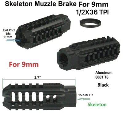 Aluminum Competition 1/2X36 TPI Thread Skeleton Muzzle Brake Compensator For 9MM