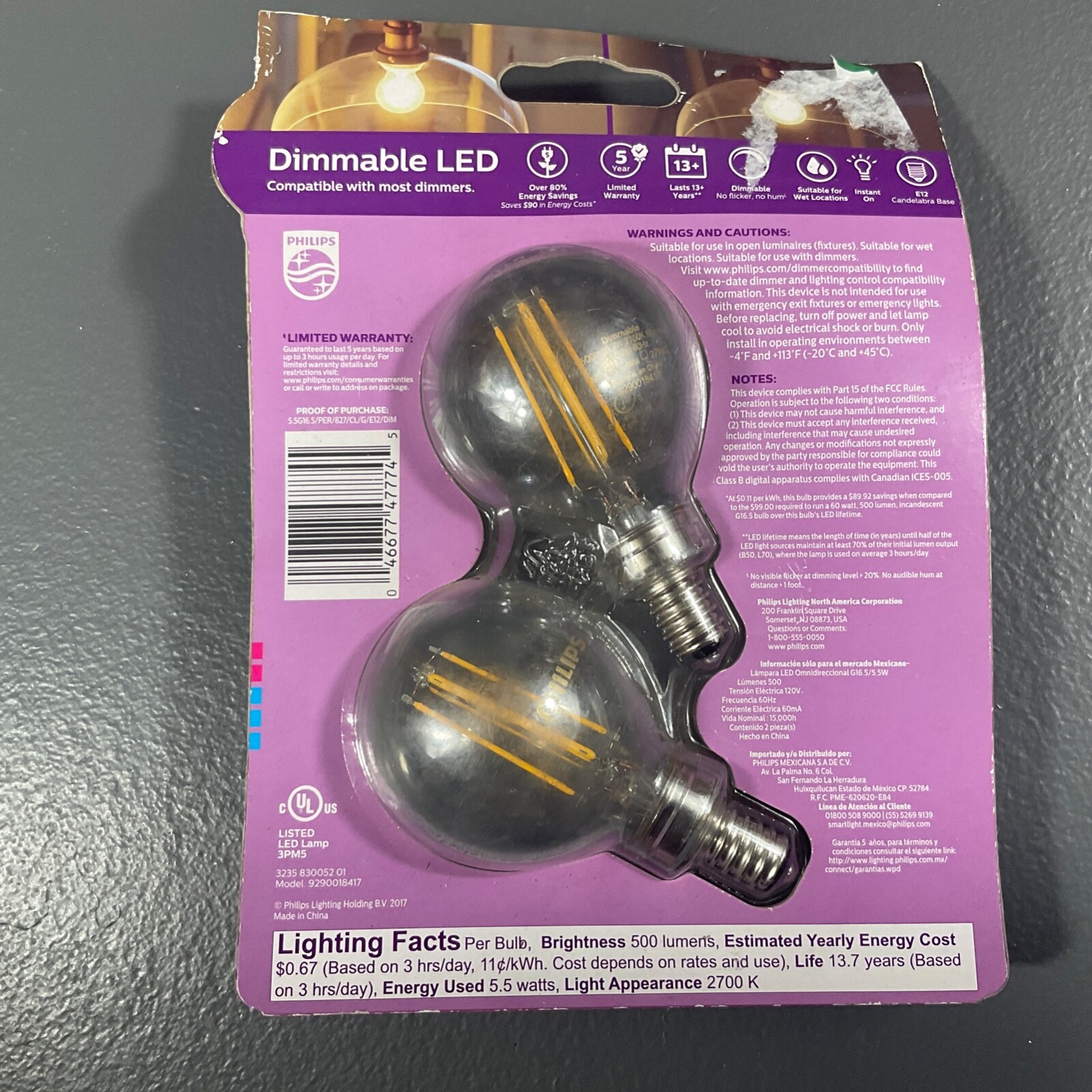 Philips 60-Watt Equivalent G16.5 Dimmable LED Candelabra Base Light Bulb- 2 Pack