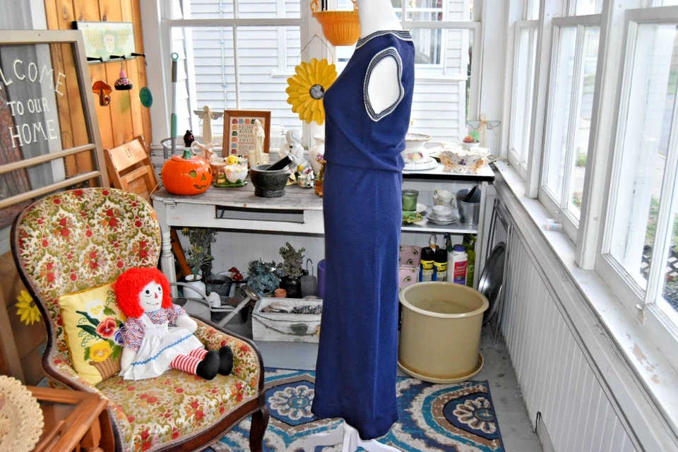 Vintage 1960s Knit Maxi Dress Blousan Waist Short Sleeves Blue Size Small - Image 2 of 4