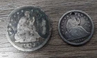 USA QUARTER 1873 AND DIME 1838 SEATED LIBERTY MADE INTO LOVE TOKEN SAME PERSON