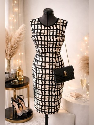 Lafayette 148 New York Designer Sleeveless Black & White Grid Dress Size 14 NWT