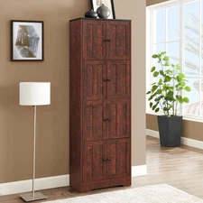 Tall Storage Cabinet with 8 Doors and 4 Shelves, Wall Storage Cabinet, Walnut