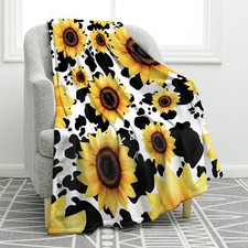 Sunflower Cow Print Throw Blanket Soft Cozy Plush Bedroom Decor 50x60 Inch
