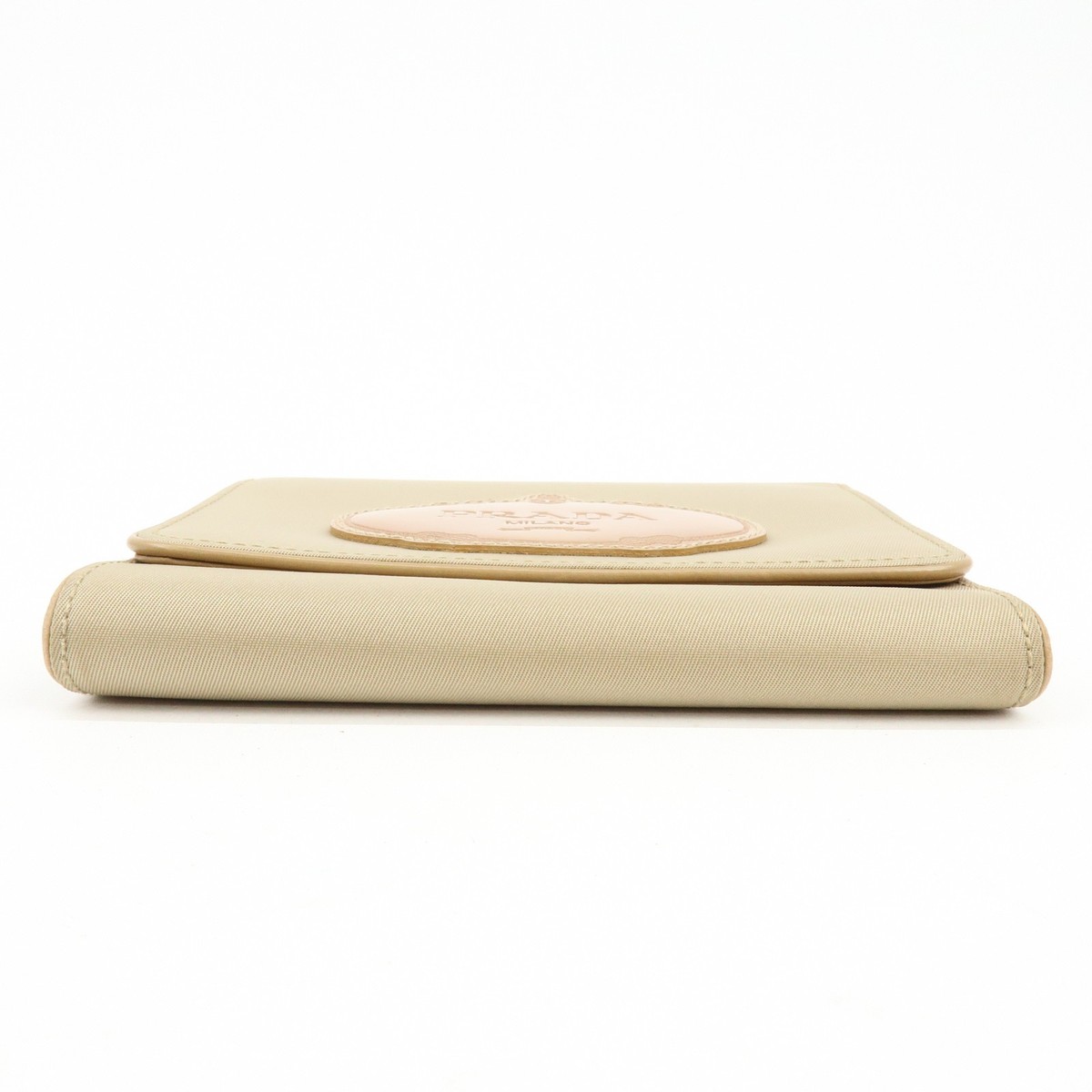 PRADA Logo Nylon Leather Compact Trifold Wallet Beige 1M0170