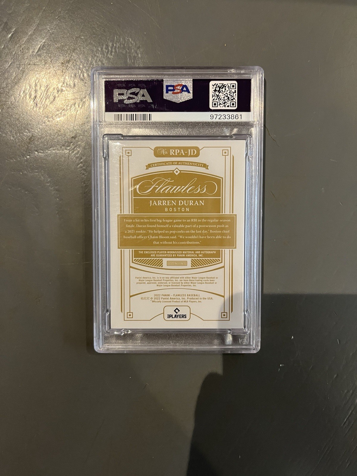 2022 Flawless Jarren Duran Rookie RPA RC Auto Ruby /20 PSA 8 Red Sox view 2