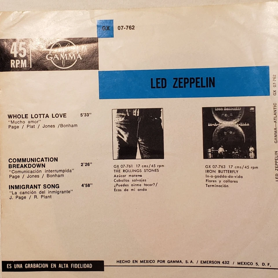 Led Zeppelin  Whole Lotta Love Mucho Amor Mexico 7" EP 1971 Atlantic ‎GX 07-762 - Image 3 of 4