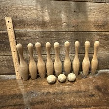 Vintage Wooden Bowling Pins and Balls Set Classic Game Collectible