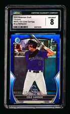 2023 BOWMAN CHROME COLE CARRIGG RC BLUE REFRACTOR ROCKIES ROOKIE #125/150 CGC 8!