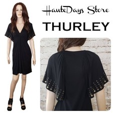 Thurley Black Draped Cocktail Dress Flutter Angel Sleeves Metal Eyelet Grommets