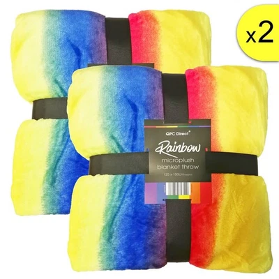 QPC DIRECT 2 x Rainbow Stripe Mircoplush Super Soft Fleece Multi Blanket Throw, 125 x 150cm