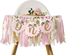 Pink Golden Floral High Chair Banner - Rose 1St Birthday Highchair Banner, Girls