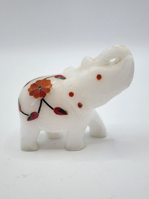 Vintage Mini Hand Carved White Stone Elephant Floral Hand Painted Figurine 2.75''