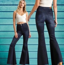 Umgee Women’s Flare Bell Bottom High Rise Dark Blue Raw Hem  Women’s Jeans SZ 7